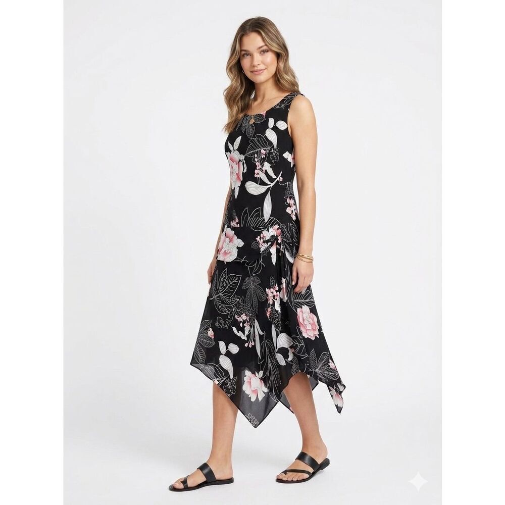Evan Picone Whimsigoth Y2K Boho Floral Handkerchief Hem Midi Dress Black Pink 8